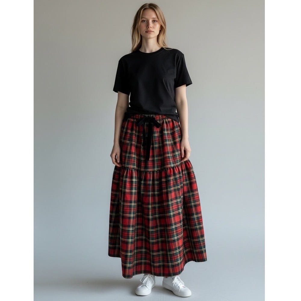 J.Crew Red Tartan Plaid Tiered Wool Blend Maxi Skirt H2488 Velvet Tie S NEW